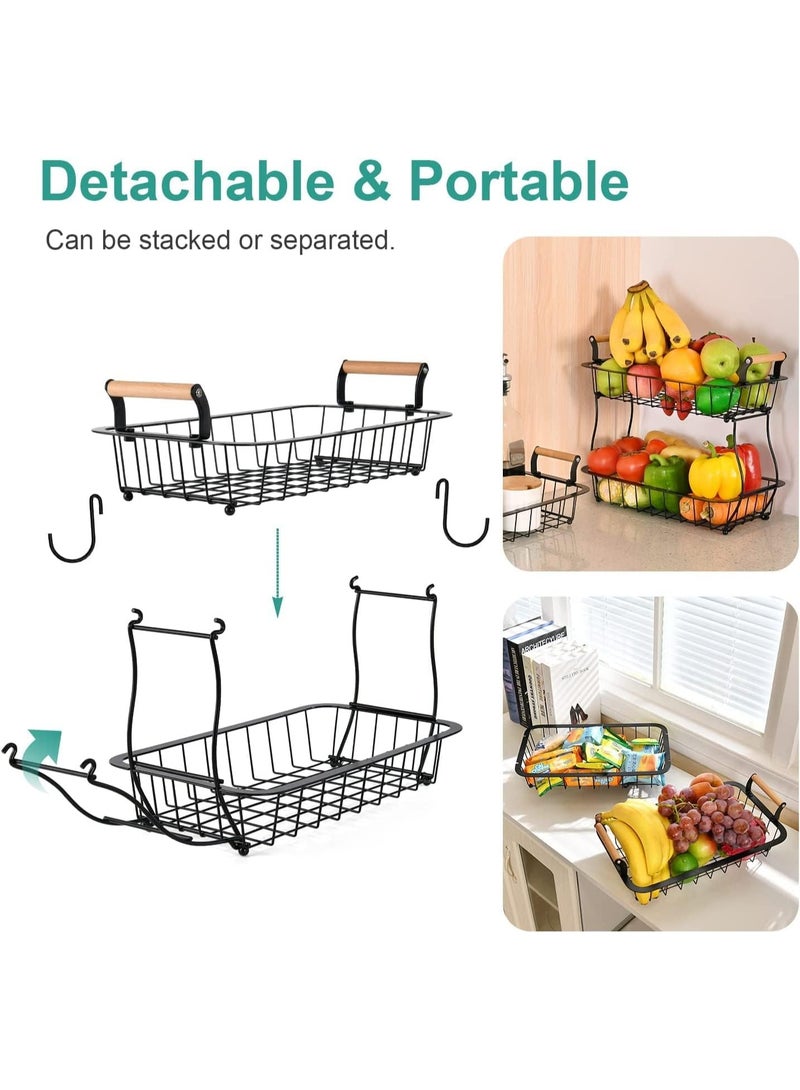 Metal 2 Tier Fruit Basket Bowl with 2 Banana Hangers for Kitchen Counter, Countertop Fruit Storage Produce Basket Metal Vegetable Holder Stand Organizer for Bread Snack Veggies Potato, Black - Image 4