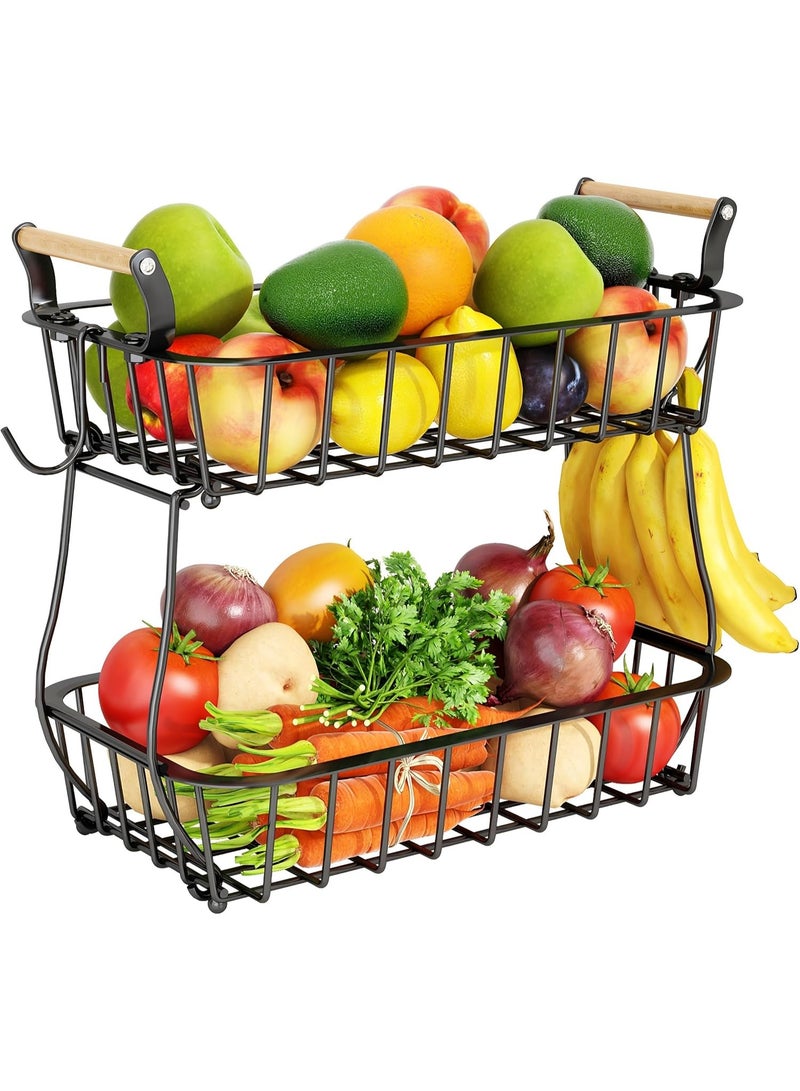 Metal 2 Tier Fruit Basket Bowl with 2 Banana Hangers for Kitchen Counter, Countertop Fruit Storage Produce Basket Metal Vegetable Holder Stand Organizer for Bread Snack Veggies Potato, Black - Image 1