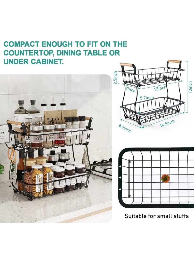 Metal 2 Tier Fruit Basket Bowl with 2 Banana Hangers for Kitchen Counter, Countertop Fruit Storage Produce Basket Metal Vegetable Holder Stand Organizer for Bread Snack Veggies Potato, Black - Image 2