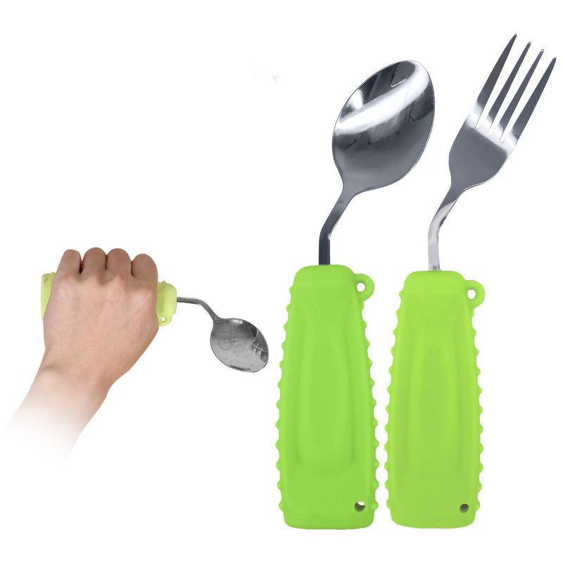 Ehucon Adaptive Utensils Angled Spoon and Fork for Hand Tremors ParkinsonsWeighted Utensils with NonSlip Easy Grip Handles for Independent Eating 1pcs Spoon1pcs Fork2 pcsGreenLeft Hand