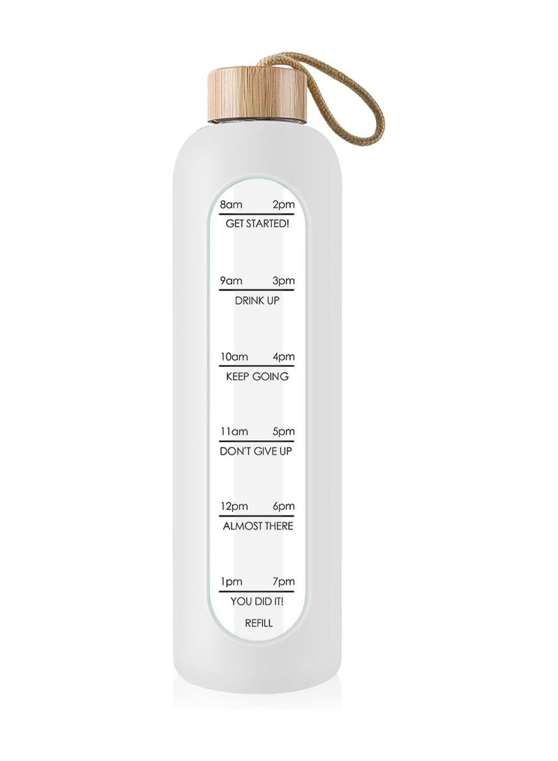 Oasisgalore 1 Litre Glass Water Bottle with Time Markings, Bamboo Lid, and Silicone Case (White)  - Image 1