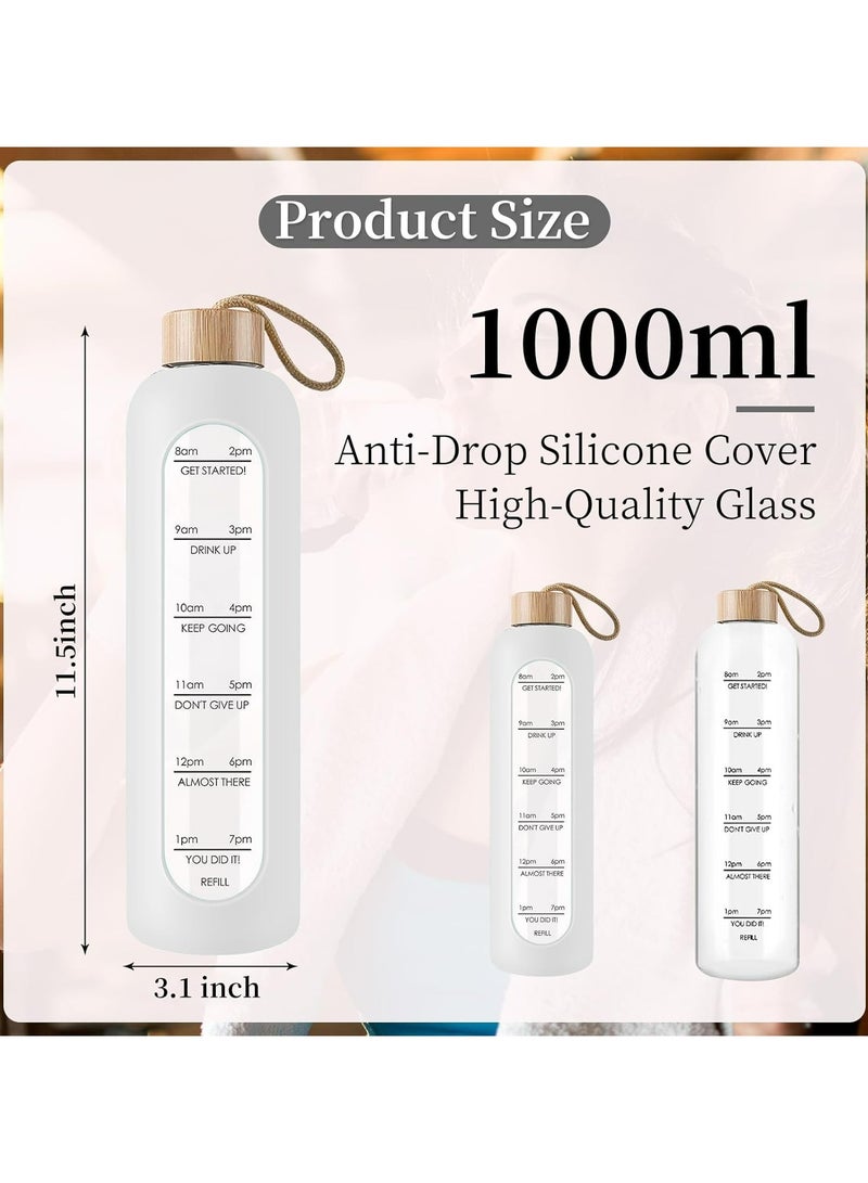 Oasisgalore 1 Litre Glass Water Bottle with Time Markings, Bamboo Lid, and Silicone Case (White)  - Image 2