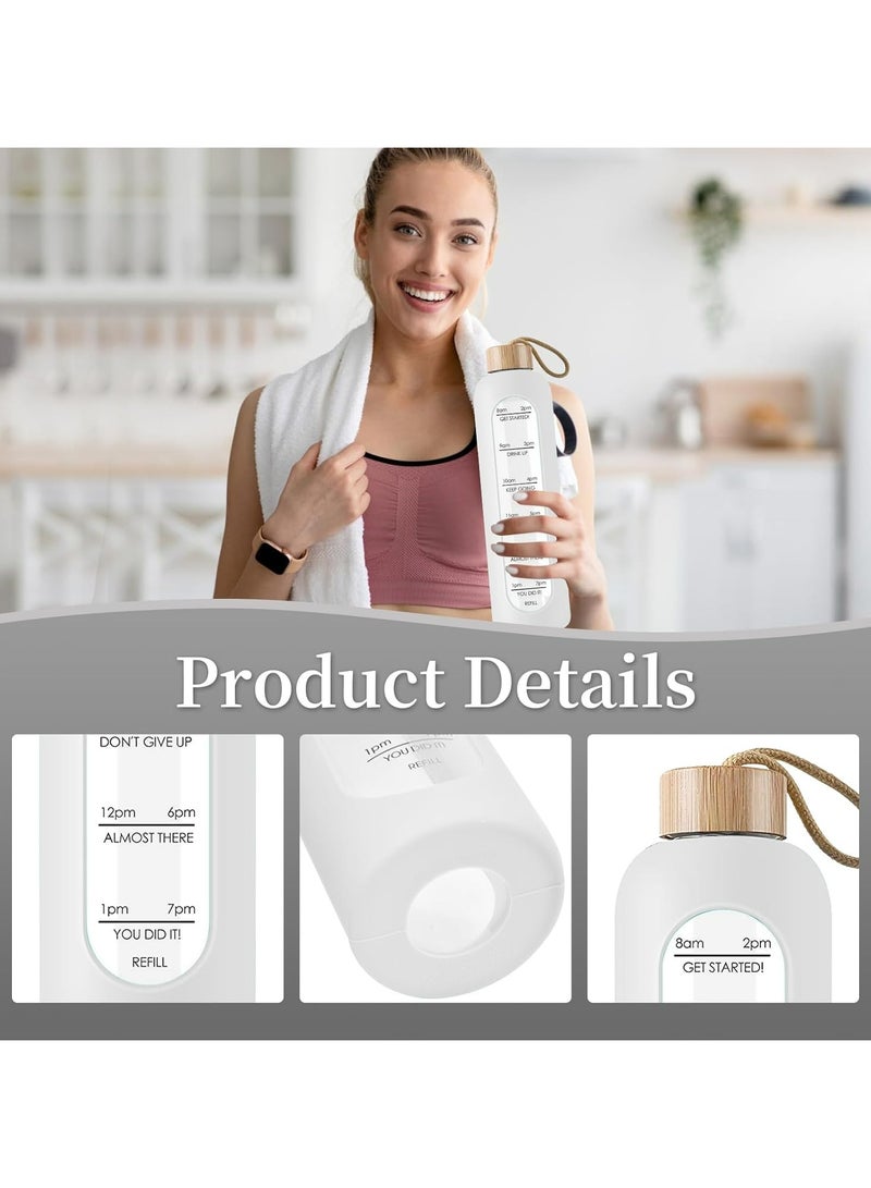 Oasisgalore 1 Litre Glass Water Bottle with Time Markings, Bamboo Lid, and Silicone Case (White)  - Image 3