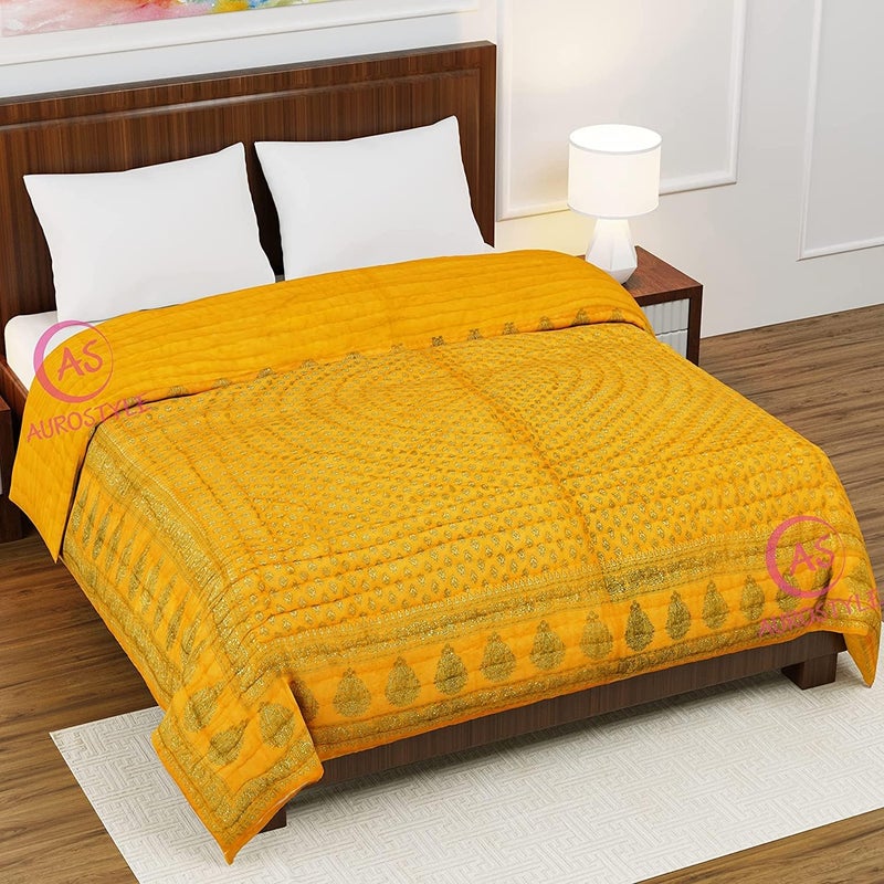 AUROSTYLE 400 TC Pure Cotton Jaipuri Quilt with Traditional Rajasthani Floral Design Gold Print Lightweight Rajai for Winter Summer MultiColor407 Single Bed90 x 60 Inch - Image 2
