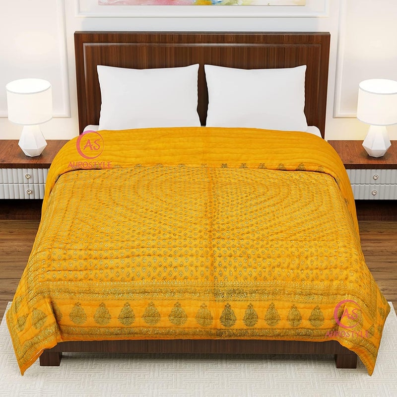AUROSTYLE 400 TC Pure Cotton Jaipuri Quilt with Traditional Rajasthani Floral Design Gold Print Lightweight Rajai for Winter Summer MultiColor407 Single Bed90 x 60 Inch - Image 3