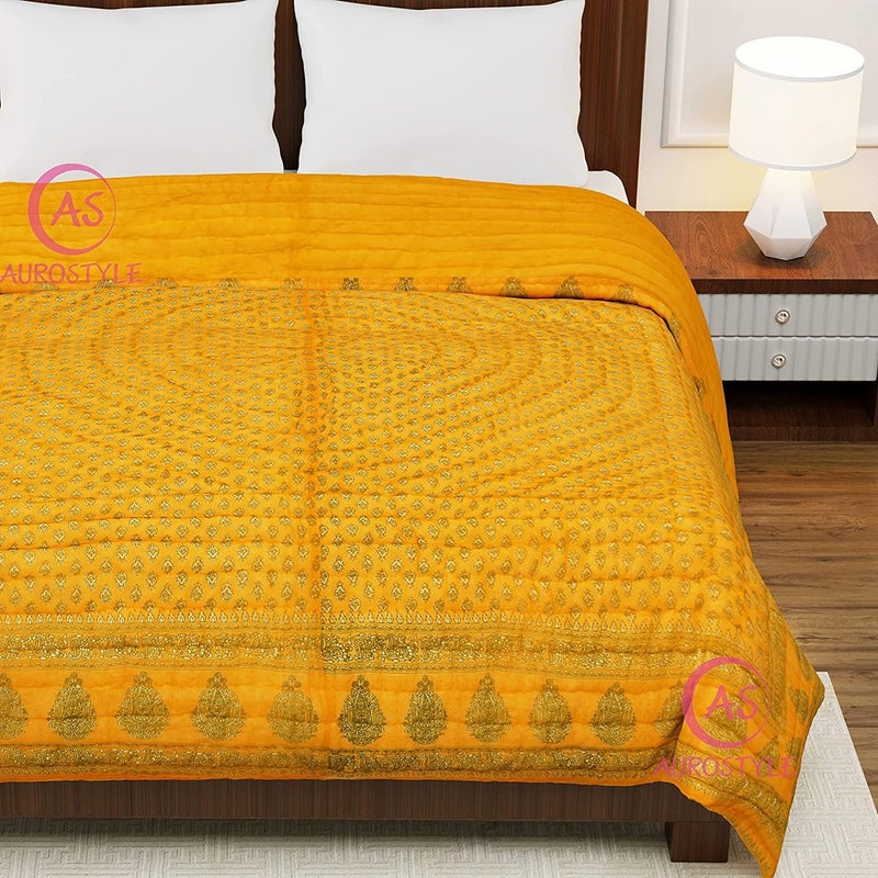 AUROSTYLE 400 TC Pure Cotton Jaipuri Quilt with Traditional Rajasthani Floral Design Gold Print Lightweight Rajai for Winter Summer MultiColor407 Single Bed90 x 60 Inch - Image 4