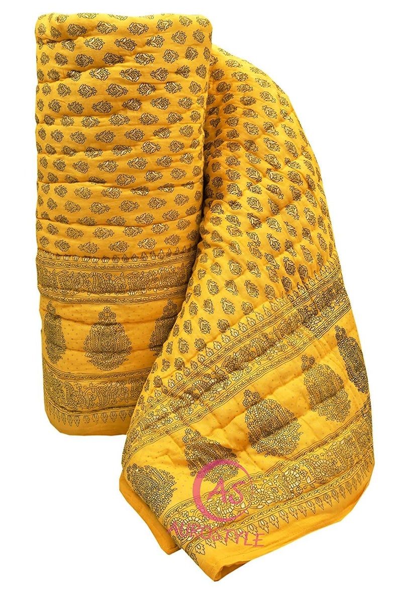 AUROSTYLE 400 TC Pure Cotton Jaipuri Quilt with Traditional Rajasthani Floral Design Gold Print Lightweight Rajai for Winter Summer MultiColor407 Single Bed90 x 60 Inch - Image 5