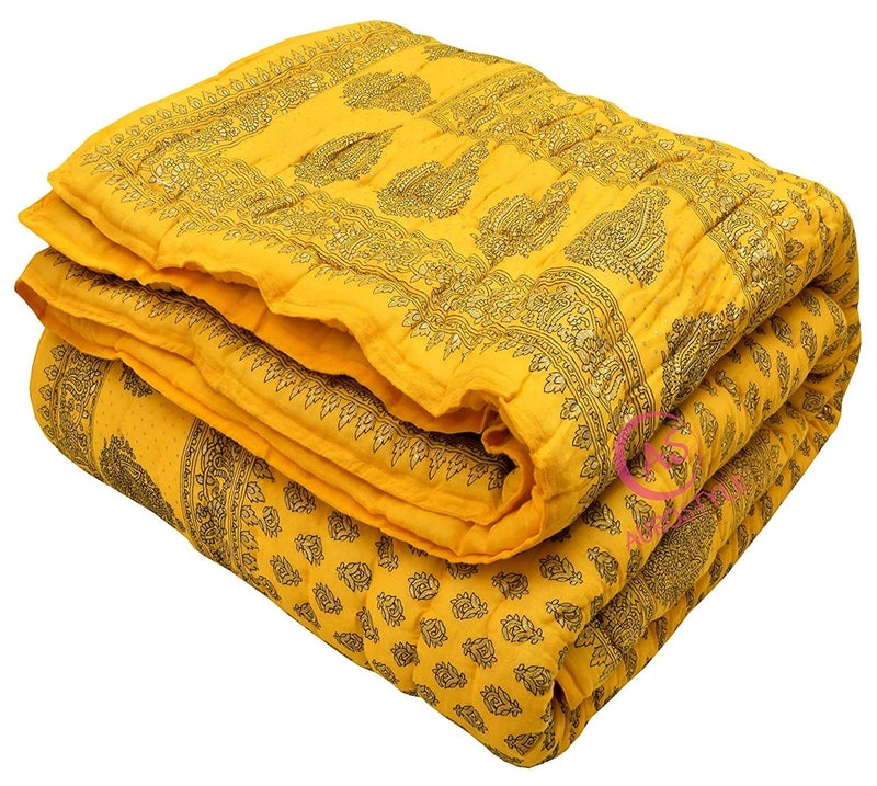 AUROSTYLE 400 TC Pure Cotton Jaipuri Quilt with Traditional Rajasthani Floral Design Gold Print Lightweight Rajai for Winter Summer MultiColor407 Single Bed90 x 60 Inch - Image 1