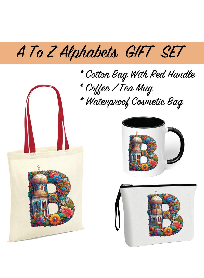 PRINTSHOP4ME Pack of 3 Initial Monogram Gift Set - Black Coffee Mug, Cosmetic Bag and Cotton Tote bag Set - Gift Set for Her - Perfect for Ramadan, School, Travel and Birthday Gift - Image 2