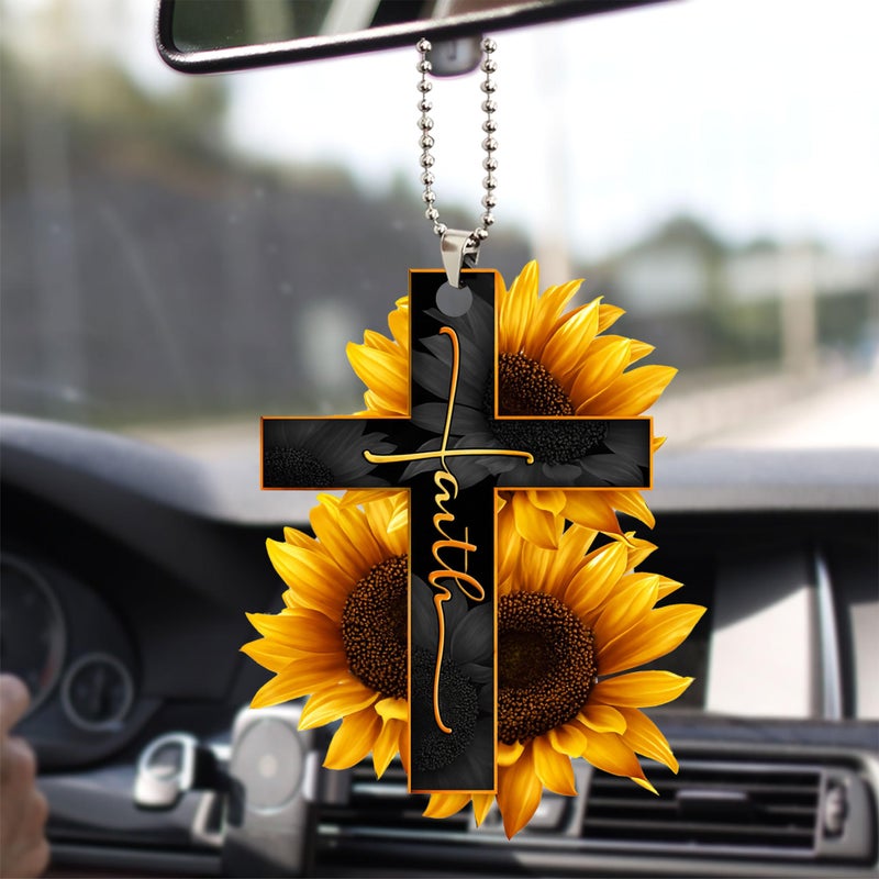 Talataca Faith Sunflower God Jesus Cross Christian Sunflower 2D Flat Car Rear View Mirror Accessories Christmas Tree Ornament Decoration Hanging Charm Interior Rearview Pendant Decor Gift