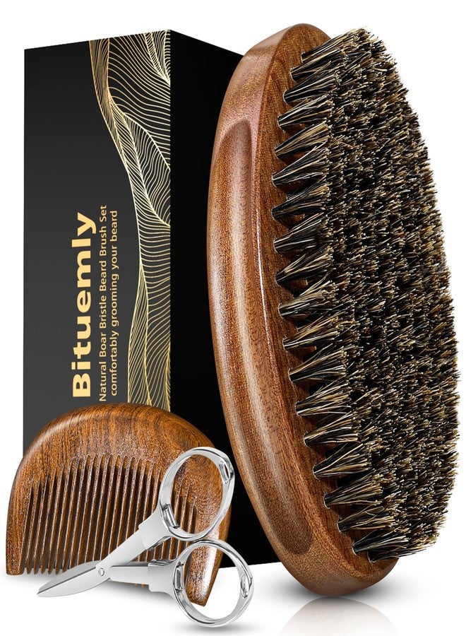 Bituemly Beard Brush, Natural Boar Bristles Beard Brush for Men and Wooden Sandalwood Pocket Beard Comb Set, Facial Hair Grooming Kit with Mustache Scissors as a Styling Tool, Growth, Detangles, Shine - Image 1