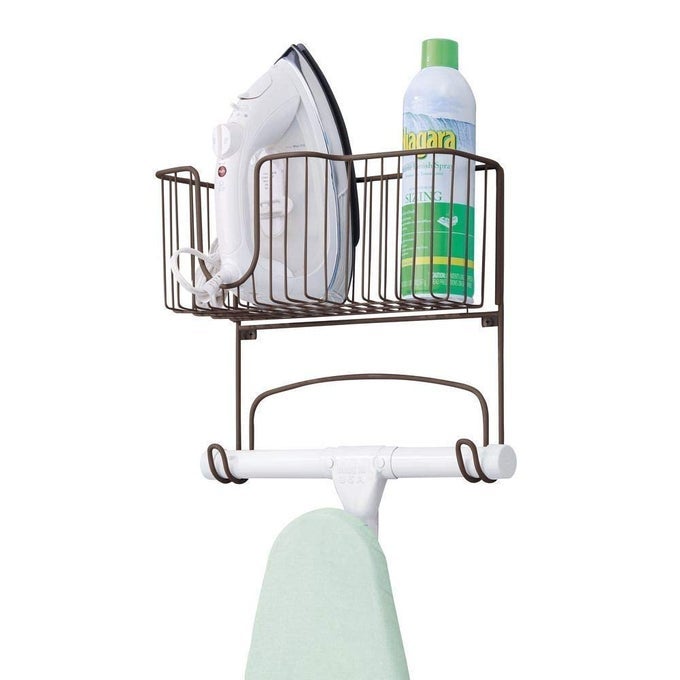 28895 METAL WALL MOUNT IRONING BOARD HOLDER WITH LARGE STORAGE BASKET HOLDS IRON STARCH FABRIC REFRESHER FOR LAUNDRY ROOM MATTE BLACK
