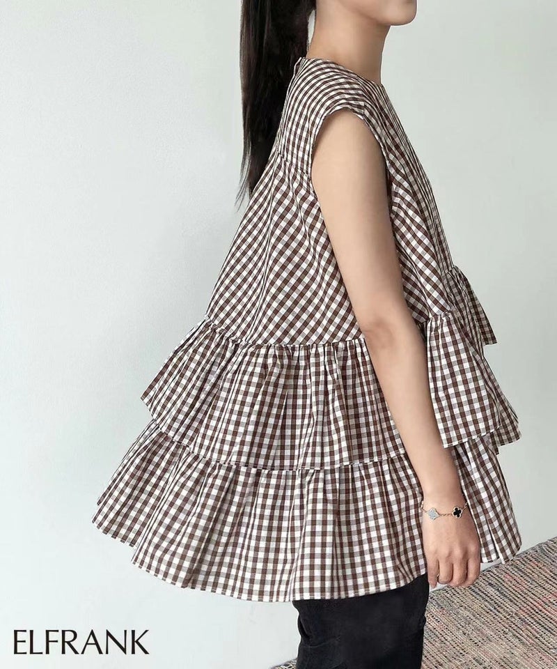 Sweet Japanese Doll Shirt Summer New Loose Round Neck Multi-color Curry check - Image 1