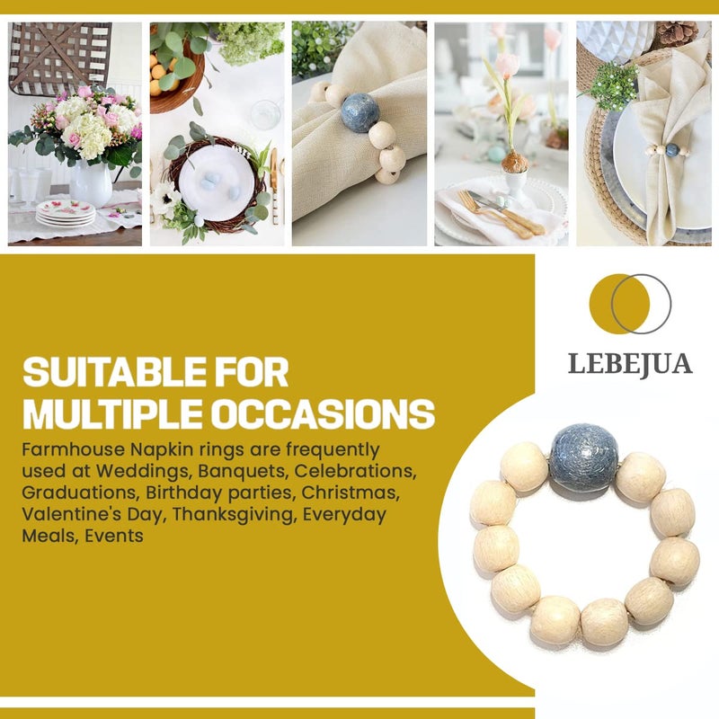 LEBEJUA Napkin Rings Set Of 6 - Wooden Beads Napkin Rings | Rustic Wooden Napkin Ring Holder For Table Decoration | Handmade Lebejua Napkin Ring With Wood Beads & Jute Twine - Farmhouse Napkin Ring Boho Style - Image 4