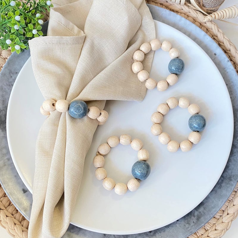 LEBEJUA Napkin Rings Set Of 6 - Wooden Beads Napkin Rings | Rustic Wooden Napkin Ring Holder For Table Decoration | Handmade Lebejua Napkin Ring With Wood Beads & Jute Twine - Farmhouse Napkin Ring Boho Style - Image 1
