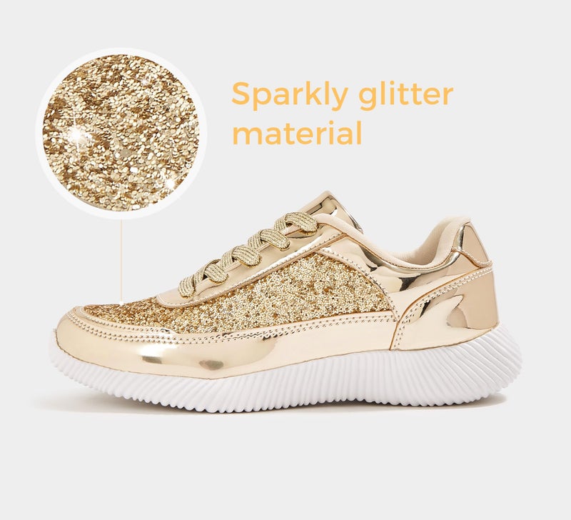 BELOS Women's Glitter Shoes Sparkly Lightweight Metallic Sequins Tennis Shoes(Gold PU,6) - Image 3