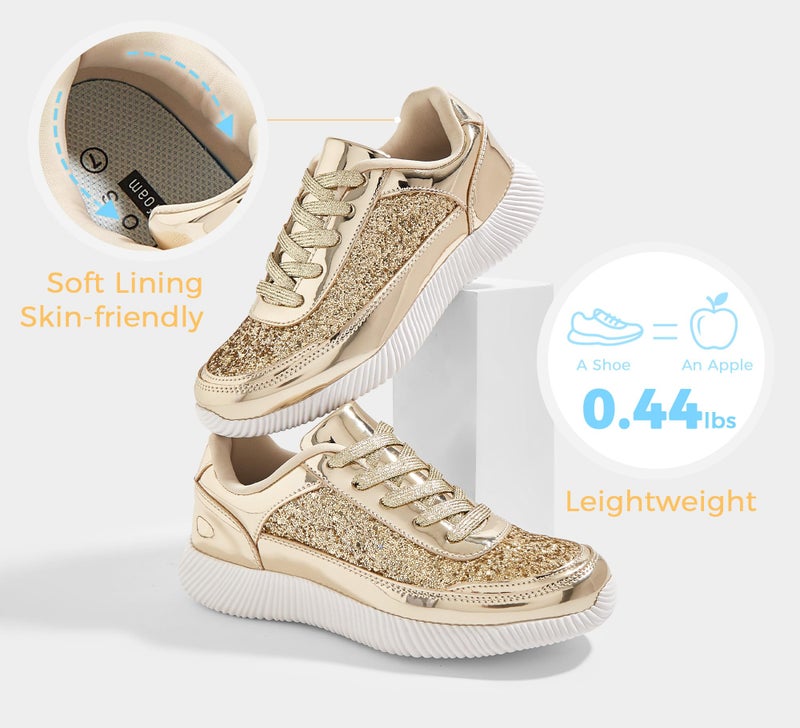 BELOS Women's Glitter Shoes Sparkly Lightweight Metallic Sequins Tennis Shoes(Gold PU,6) - Image 4