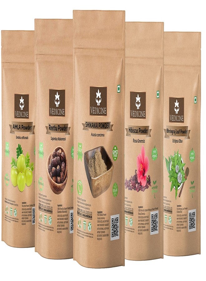 VEDICINE Pure and Natural Amla Reetha Shikakai Hibiscus Bhringraj Powder for Hair Pack (50 gram each) - Image 1