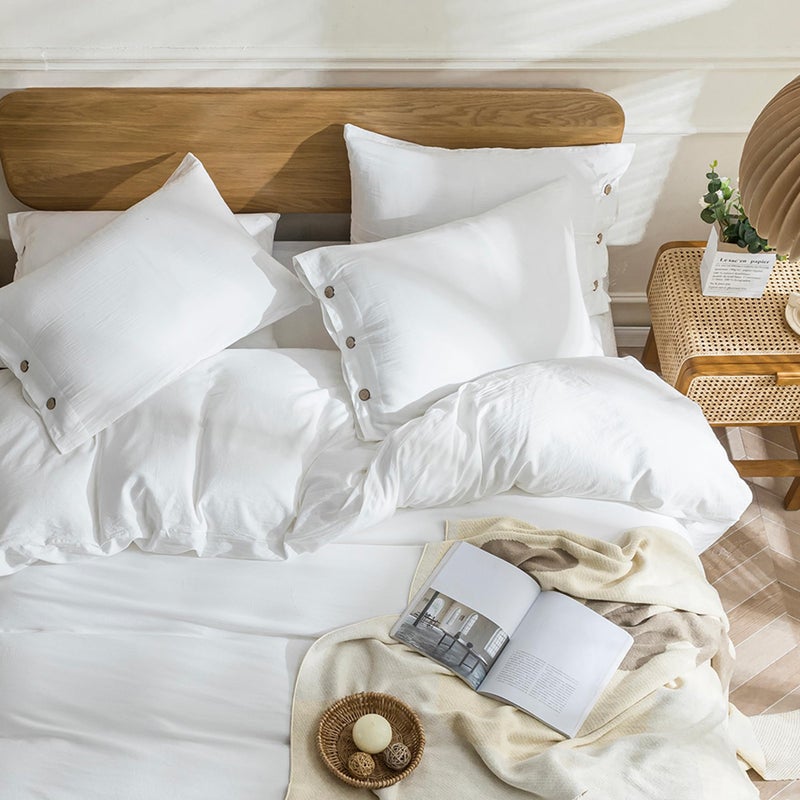 JELLYMONI Cotton Duvet Cover Oversized King Size - Bright White Comforter Cover with Button 100% Washed Cotton 3PCS Breathable Soft Solid Bedding Set Duvet Cover 120×98in & 2 Pillowcases (NO Insert) - Image 3