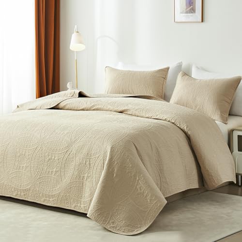 akkialla King Quilt Bedding Set,Beige Ultrasonic King/Cal King Quilt Set,Lightweight Soft Bedspread Coverlet,Modern Style Coin Pattern Bed Cover for All Seasons,3 Piece(1 Quilt,2 Pillow Shams) - Image 2