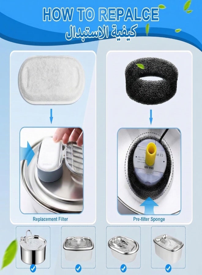 NoorTech 8 pack 3.2L Pet Water Fountain Filters Suitable for Corded Cat Water Fountains Activated Carbon Replacement Filters with Sponge Pre-Filter - Image 4