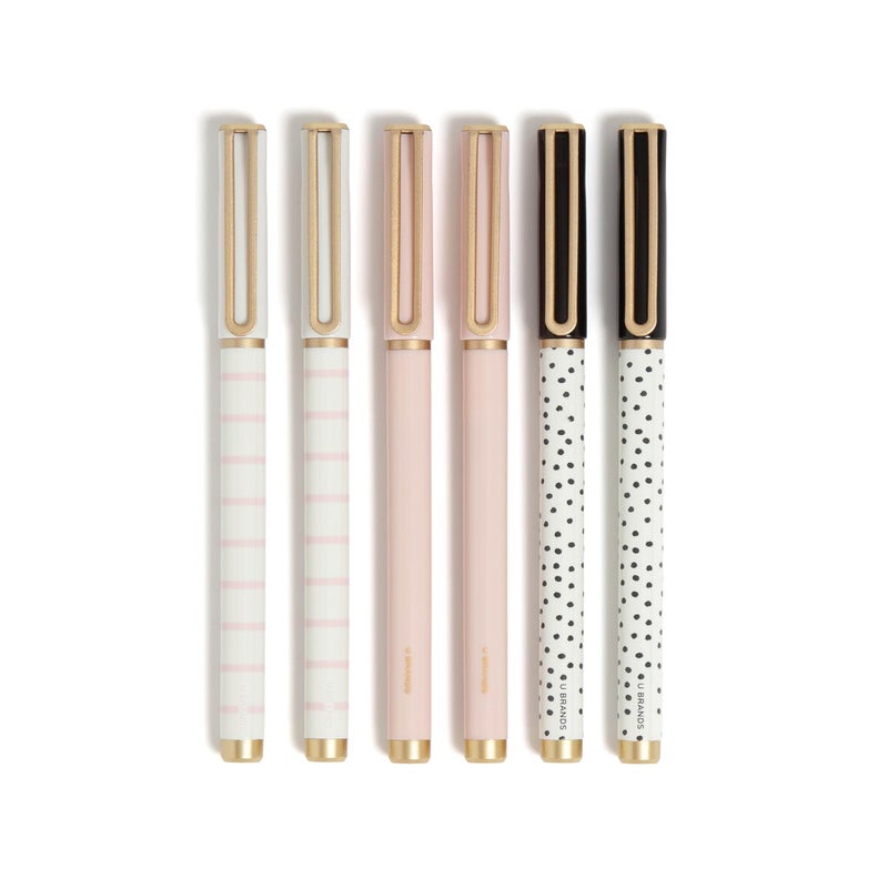 U Brands Catalina Felt Tip Pens, Set of 6 Black Ink Pens, Dots and Stripes, Medium (0.7 mm) Point - Image 1