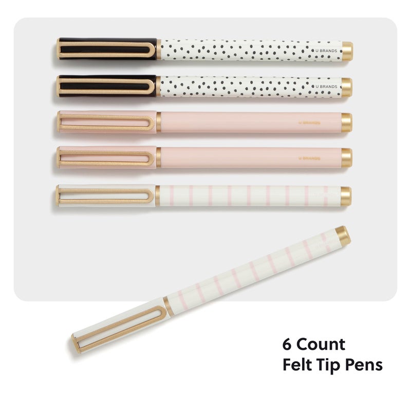 U Brands Catalina Felt Tip Pens, Set of 6 Black Ink Pens, Dots and Stripes, Medium (0.7 mm) Point - Image 2