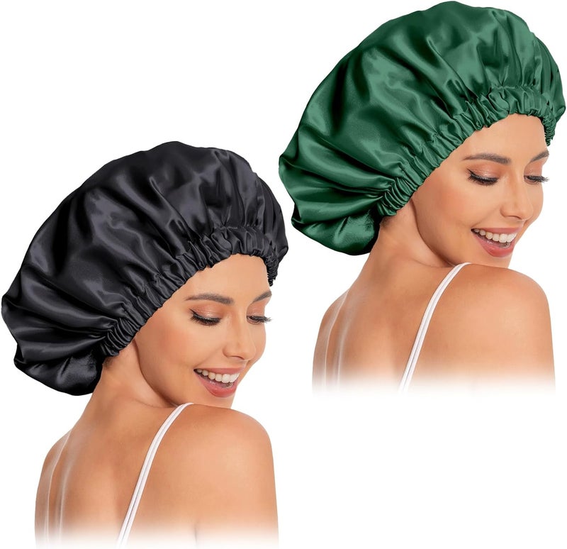 Edoneery Satin Bonnet Silk Hair Bonnet for Sleeping - Slouchy Beanie Hat Satin Sleep Cap for Women's Natural & Curly Hair (Black & Blackish Green) - Image 1