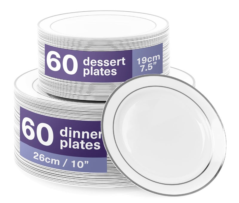 MATANA 120 Silver Plastic Plates for Party Reusable Elegant 60 Dinner 1025 Inch 60 Dessert 75 Inch Plates Disposable Heavy Duty with White and Silver Rim for Weddings and Christmas Parties