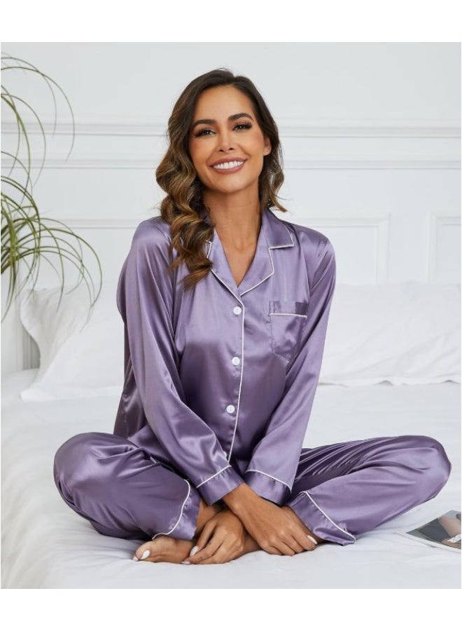 roaiss Women's Comfy Pajama Sets Long-Sleeve Button down Notch Collar Lapel Shirt Loose-Fitting Chest Pocket Loungewear Elastic Waistband Pants Ultra-Thin Ice Silk Sleepwear Soft Pjs Lounge Sets for Ladies, Purple - Image 1
