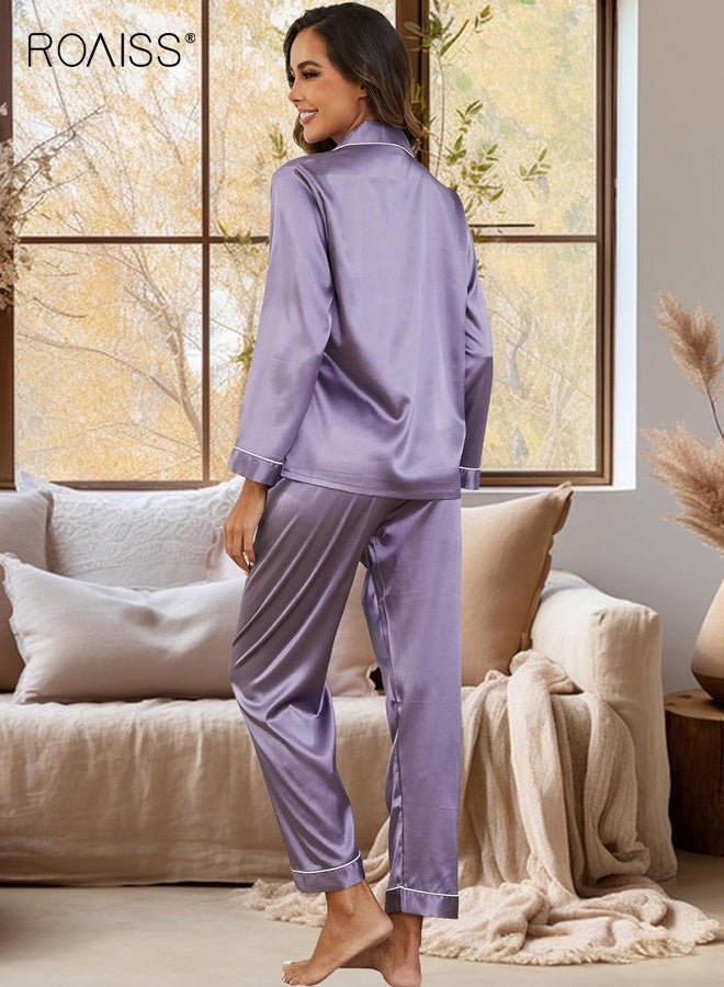 roaiss Women's Comfy Pajama Sets Long-Sleeve Button down Notch Collar Lapel Shirt Loose-Fitting Chest Pocket Loungewear Elastic Waistband Pants Ultra-Thin Ice Silk Sleepwear Soft Pjs Lounge Sets for Ladies, Purple - Image 2