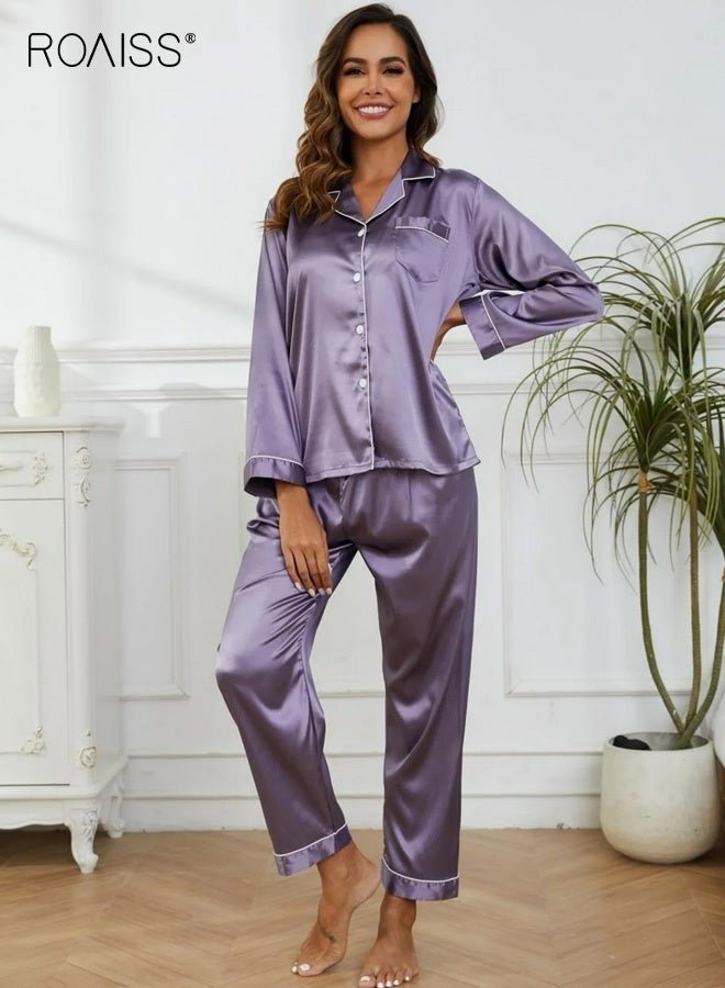roaiss Women's Comfy Pajama Sets Long-Sleeve Button down Notch Collar Lapel Shirt Loose-Fitting Chest Pocket Loungewear Elastic Waistband Pants Ultra-Thin Ice Silk Sleepwear Soft Pjs Lounge Sets for Ladies, Purple - Image 4