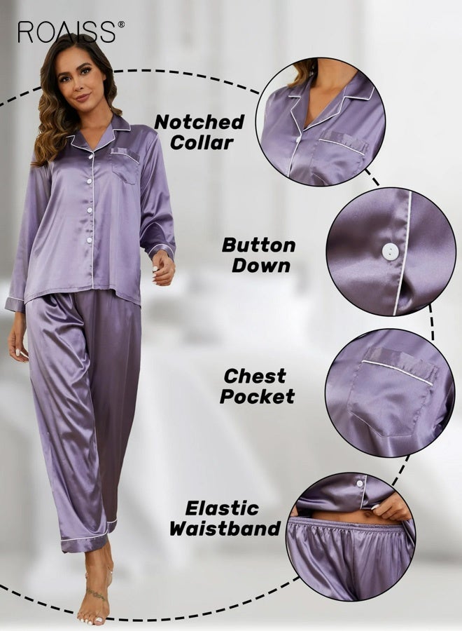 roaiss Women's Comfy Pajama Sets Long-Sleeve Button down Notch Collar Lapel Shirt Loose-Fitting Chest Pocket Loungewear Elastic Waistband Pants Ultra-Thin Ice Silk Sleepwear Soft Pjs Lounge Sets for Ladies, Purple - Image 5