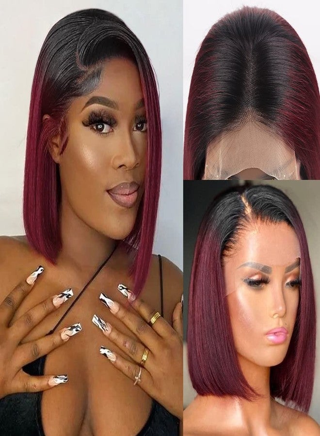 Flady 12 inch 1B Burgundy Bob Wig Human Hair 13x4 Frontal Lace Wig 1B 99j Burgundy HD Lace Front Wigs Human Hair Pre Plucked With Tiny Knots Straight Ombre Burgundy Wig Human Hair 150% Density - Image 1