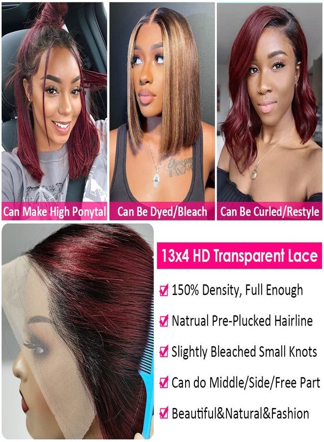 Flady 12 inch 1B Burgundy Bob Wig Human Hair 13x4 Frontal Lace Wig 1B 99j Burgundy HD Lace Front Wigs Human Hair Pre Plucked With Tiny Knots Straight Ombre Burgundy Wig Human Hair 150% Density - Image 4