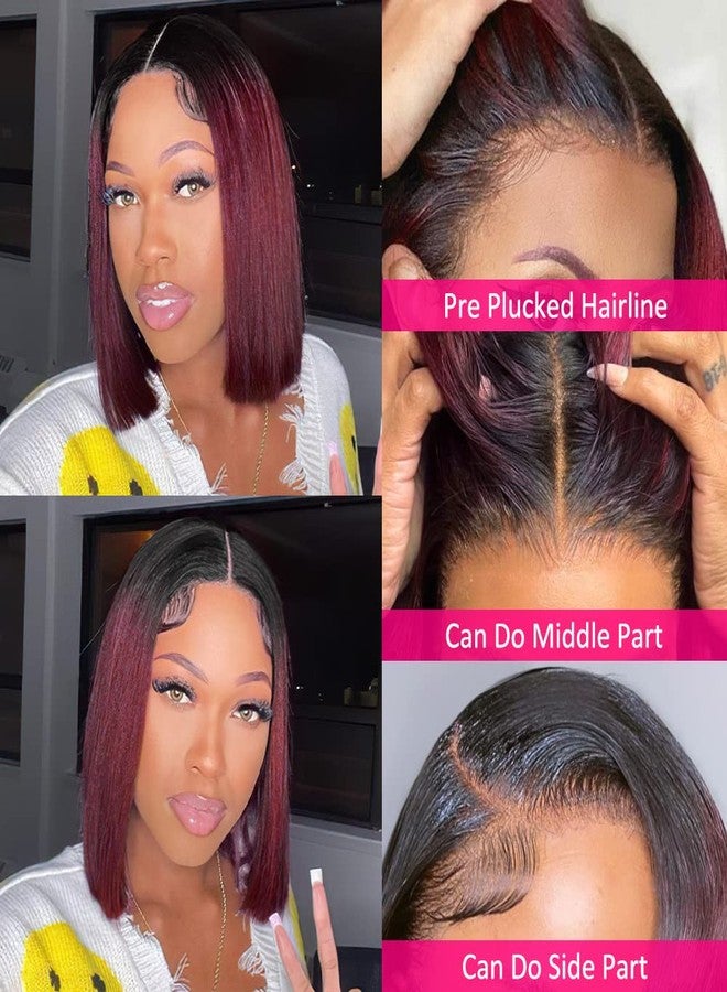 Flady 12 inch 1B Burgundy Bob Wig Human Hair 13x4 Frontal Lace Wig 1B 99j Burgundy HD Lace Front Wigs Human Hair Pre Plucked With Tiny Knots Straight Ombre Burgundy Wig Human Hair 150% Density - Image 2