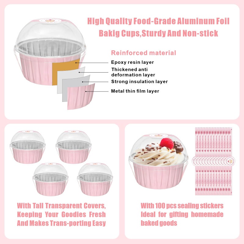 EXJEXJ 100 Pack 5oz Cupcake Pans with Dome Lids, Disposable Ramekin Cupcake Liners,Reusable Mini Muffin Case Dessert Containers for Birthday Wedding Party - Pink - Image 3