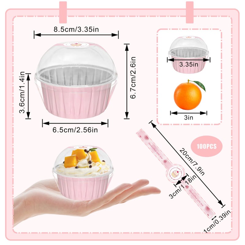 EXJEXJ 100 Pack 5oz Cupcake Pans with Dome Lids, Disposable Ramekin Cupcake Liners,Reusable Mini Muffin Case Dessert Containers for Birthday Wedding Party - Pink - Image 2
