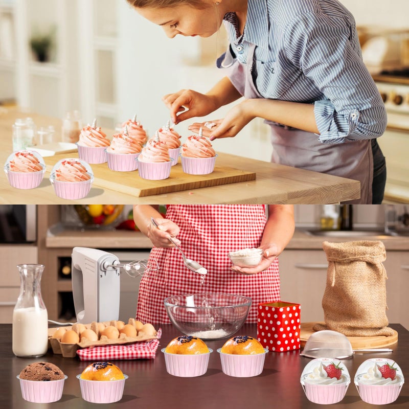 EXJEXJ 100 Pack 5oz Cupcake Pans with Dome Lids, Disposable Ramekin Cupcake Liners,Reusable Mini Muffin Case Dessert Containers for Birthday Wedding Party - Pink - Image 4