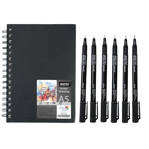 BRUSTRO Professional Pigment Based Fineliner - Pack of 6 (Black) with Artist Sketch Book 160 GSM A5 Wiro Bound (116 Pages) - Image 1