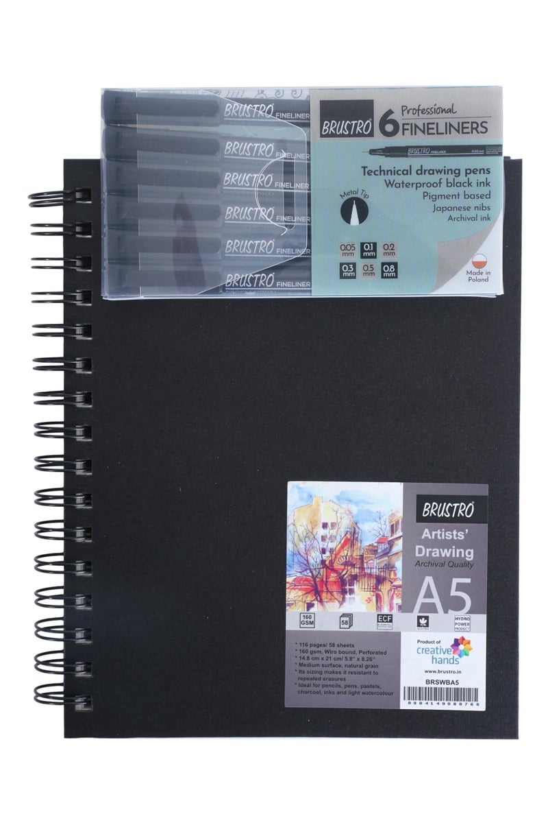 BRUSTRO Professional Pigment Based Fineliner - Pack of 6 (Black) with Artist Sketch Book 160 GSM A5 Wiro Bound (116 Pages) - Image 2