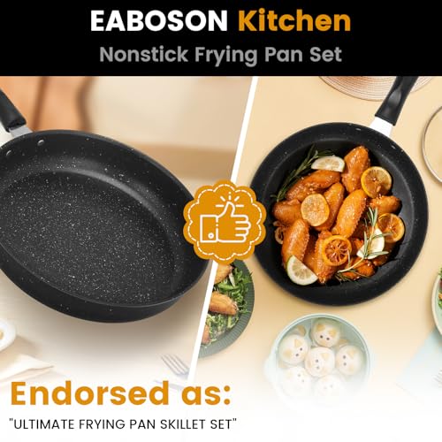 EABOSON Nonstick Frying Pan Skillet 3 Piece Set, Stone Coating Cookware, 9, 10 & 11 Inches Egg Omelette Pan with Heat-Resistant Handle, PFOA Free,Induction Compatible - Image 5