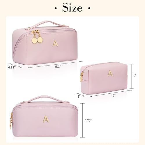 CLOUDWINGS Birthday Gifts for Women Teen Girl, Personalized Initial Makeup Organizer Bag Set, Open Flat Travel Cosmetic Bag With Clear Divider and Handle(Pink,A) - Image 5