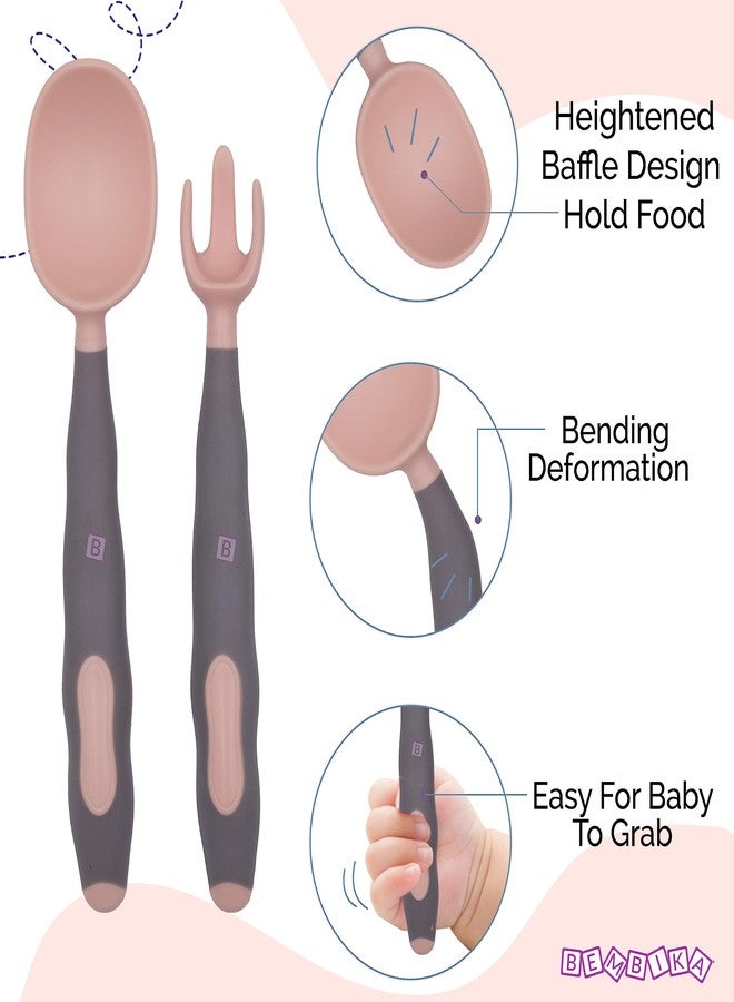 Bembika Baby Training Spoon Bendable Spoon, Baby Silicone Training Spoon for Baby, Baby Spoon and Fork Set, Baby Spoon Feeding (Pink Grey). - Image 2