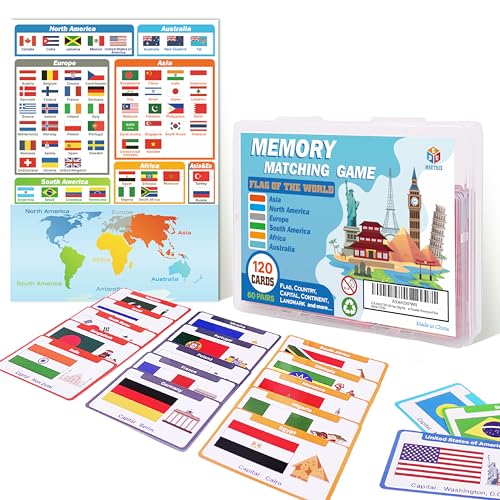 EDUMAETRIX 60 Pairs Flag Memory Matching Game Cards with Overview Chart Capital Continent for Kids Family and Adults Learning Education in Portable Waterproof Box - Image 1