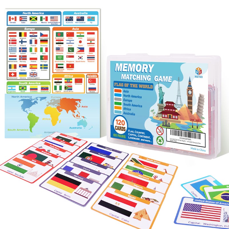 EDUMAETRIX 60 Pairs Flag Memory Matching Game Cards with Overview Chart Capital Continent for Kids Family and Adults Learning Education in Portable Waterproof Box - Image 3