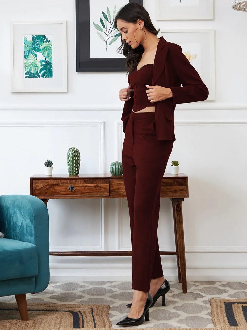 Florely Women's Lycra Solid Three Piece Outfits Blazer Co-Ord Set Women Outdoor Wear Maxi Dress Crop top Party Dress Stylish Latest Dresses (Medium, Marron) - Image 5