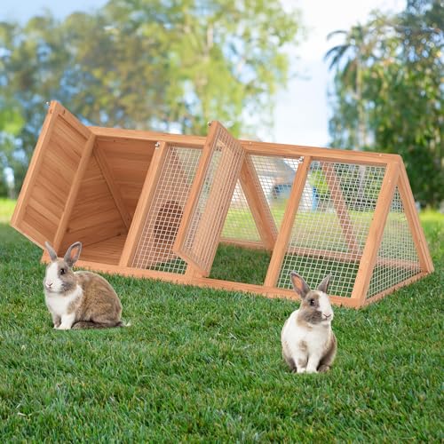 Phonjoroo Rabbit Hutch, Small Chicken Coop Outdoor A-Frame Quail Cage with 2 Door & Run Cage Wooden Triangle Quail Hutch with Ventilating Wire Poultry Hutch for Small Animal (Wood) - Image 1