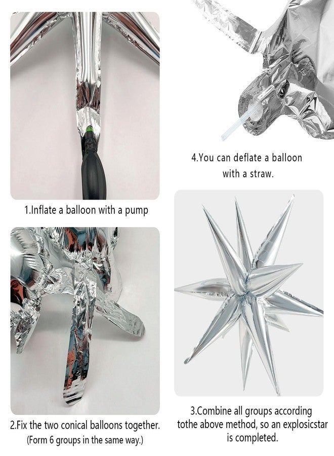 K.E.J. Silver 60 Pcs Star Balloons Explosion 12 Point Cone Balloon,Metallic Mylar Spike Balloons for Party Decor,Weddings,Birthday Anniversary Party Backgrounds - Image 3
