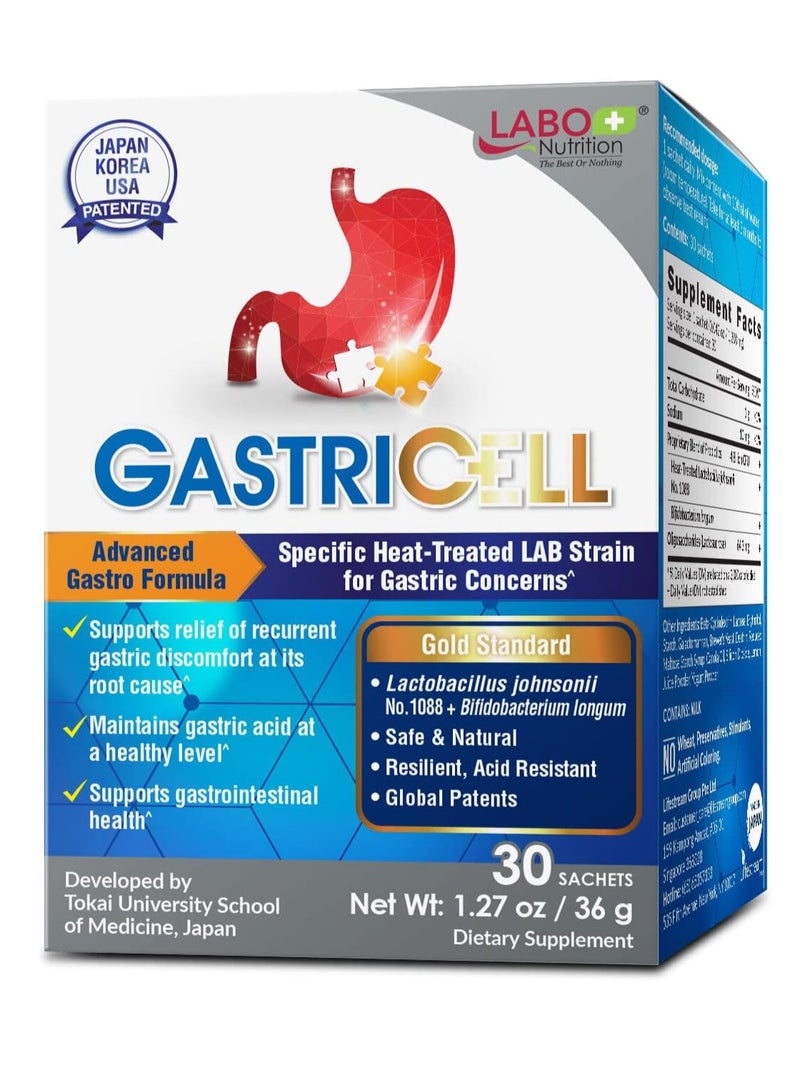 LABO Nutrition GASTRICELL - Eliminate H. Pylori, Relieve Acid Reflux and Heartburn, Regulate Gastric Acid - Targets The Root Cause of Recurring Gastric Problems, Natural Defence Against Gastric Distress -30 sachets - Image 1